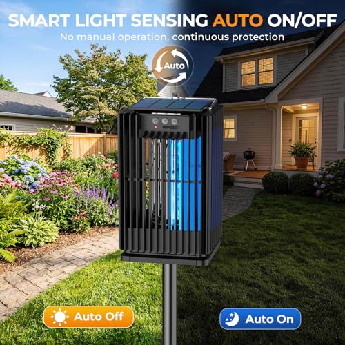 Solar Bug Zapper Outdoor, Solar Mosquito Zapper Outdoor with Ground Bracket, AUTO On/Off Solar Fly Zapper with Illuminated Light, Rechargeable Cordless Mosquito Traps for Camping Paito Backyard Garden