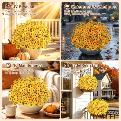 15PCS Artificial Fall Flowers for Outdoors, UV Resistant Fake Mums - color: Yellow Daisies & Yellow Violets