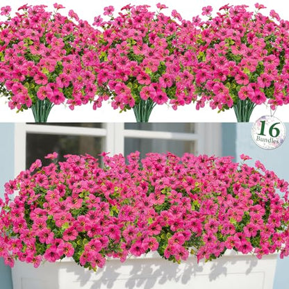 Bassion 16 Bundles Artificial Flowers for Outdoors Fake Flowers, Fuschia - color: Fuchsia