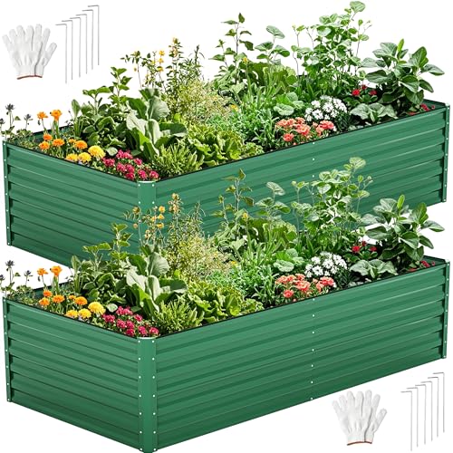 DWVO 2pcs 8 x 4 x 2 FT Raised Garden Bed Kit, Outdoor Galvanized Flower Bed with Safety Rubber and Gloves, Large Metal Planter Box for Vegetables, Flowers, Herbs, Fruits, Green - color: Green, size: 8x4x2ft 2pcs