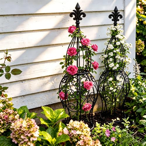 2-Pack Iron Garden Obelisk Trellis, 30" Rose Climbing Plant Support - color: Classic Fleur-de-Lis Obelisk Trellis