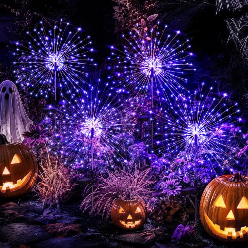 GIGALUMI 4 Pack Solar Firework Lights Outdoor, Halloween Decor, Purple - color: Purple, size: 4 PACK 120 LEDS