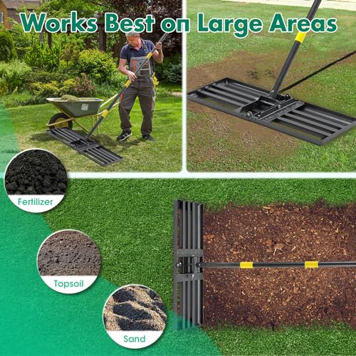 Lawn Leveling Rake,Folding 30x10 Inch Ground Plate,70 Inch Adjustable Long Handle Yard Level Tool with Curved Edge,Heavy Duty Landscaping Lawn Leveler for Grass, Golf Field, Soil Sand Dirt Spreader - size: Foldable 30"x10", 78"
