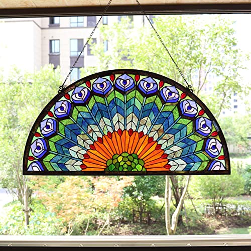 Bieye W10034 Blue Peacock Feather Tiffany Style Stained Glass Window Panel - size: 36Wx18H Half-round