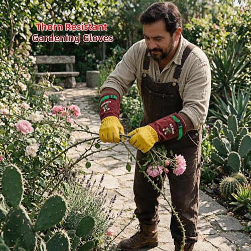 Cow Leather Adjustable Thorn Proof Gardening Gloves - color: Brown-cactus, size: Medium
