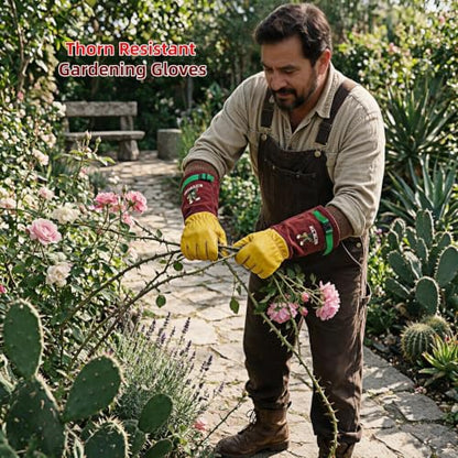 Cow Leather Adjustable Thorn Proof Gardening Gloves - color: Brown-cactus, size: Medium
