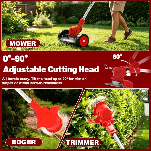 21V Cordless Weed Wacker with 2 Batteries & Wheels, Battery Powered Weed Eater, Electric String Trimmer, Grass Trimmer & Lawn Edger 4-in-1, Lightweight Weed Trimmer for Lawn Garden