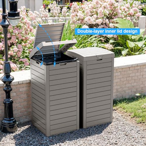 Outdoor Trash Can with Lid, Outdoor Trash Bin & Pull-Out Liquid Drawer, Dual Lid Closure Design, Waterproof Resin Garbage Can Container for Patio, Backyard, Deck (Grey, 38 Gallon)