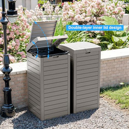 Outdoor Trash Can with Lid, Outdoor Trash Bin & Pull-Out Liquid Drawer, Dual Lid Closure Design, Waterproof Resin Garbage Can Container for Patio, Backyard, Deck (Grey, 38 Gallon)