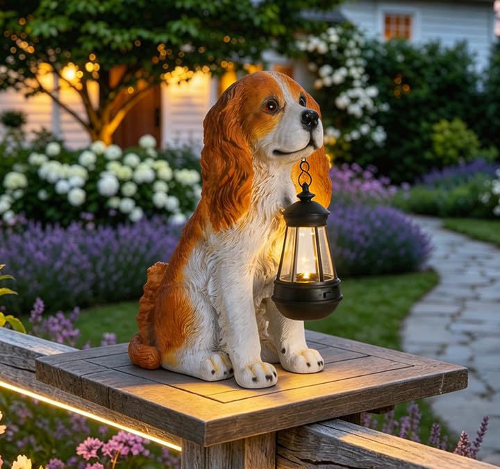 Dog Garden Statues, Cocker Spaniel Statue Holding Lantern Yard Decorations - style: American Cocker Spaniel
