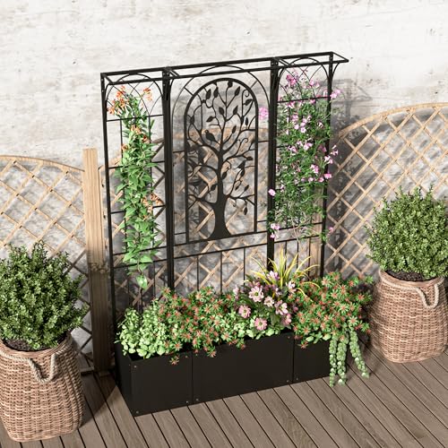 Metal Planter Box with Trellis, Outdoor Raised Garden Bed, Black - color: Black