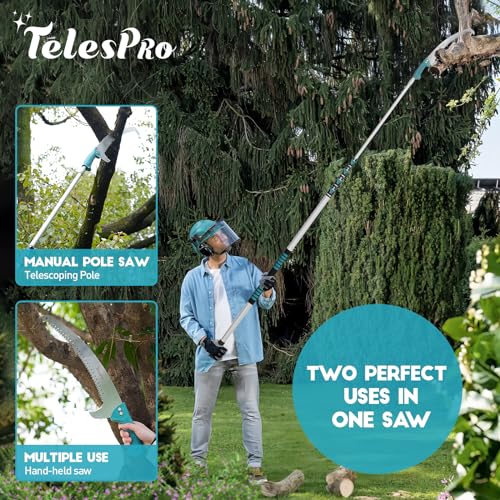 TelesPro Extendable Tree Trimmer: Manual Pole Saw | 6-24ft Telescoping Pruning Pole for Tree Trimming | Saw Attachment, Safety Goggles, and Gloves Included | Trim Branches up to 2" Diameter - size: 24FT POLE