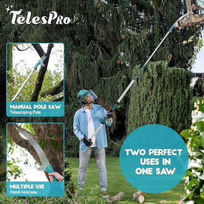TelesPro Extendable Tree Trimmer: Manual Pole Saw | 6-24ft Telescoping Pruning Pole for Tree Trimming | Saw Attachment, Safety Goggles, and Gloves Included | Trim Branches up to 2" Diameter - size: 24FT POLE