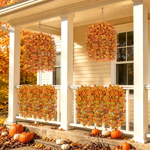 8Pcs Artificial Hanging Flowers for Outdoors Fake Mums Decor, Yellow Orange