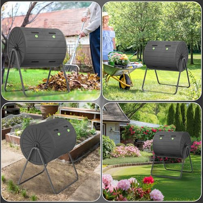 PatioZen Dual Chamber Tumbling Composter 45 Gallon Large Outdoor Tumbling Composter Efficient Batch Composting Easy Turn Design