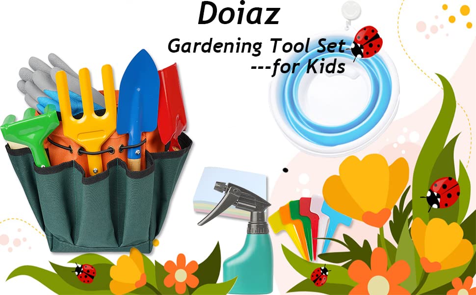 Kids Gardening Tool Set – Garden Tools Kit Includes Shovel, Rake, Fork Trowel, Children Garden Kit with Sun Hat, Apron, Gloves, Tote Bag, Sprayer and Bucket, Outdoor Play Toy Gift for Kid