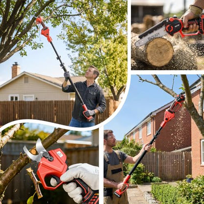 BUYJOY 4-in-1 Electric Pruning Shears & 8 Inch Pole Saw Combo - color: Red-black