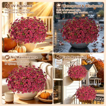 15PCS Artificial Fall Flowers for Outdoors, UV Resistant Fake Mums - color: Burgundy Daisies & Burgundy Violets