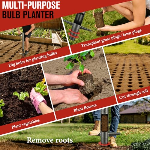Bulb Planter Tool, 33.5" Long Handle Sod Plugger for Standing Planting, 2"/4"/6" Adjustable Depth Garden Hole Digger, Heavy Duty Auto Eject Lawn Plugger for Flower Bulbs,Grass Plugs,Seedlings