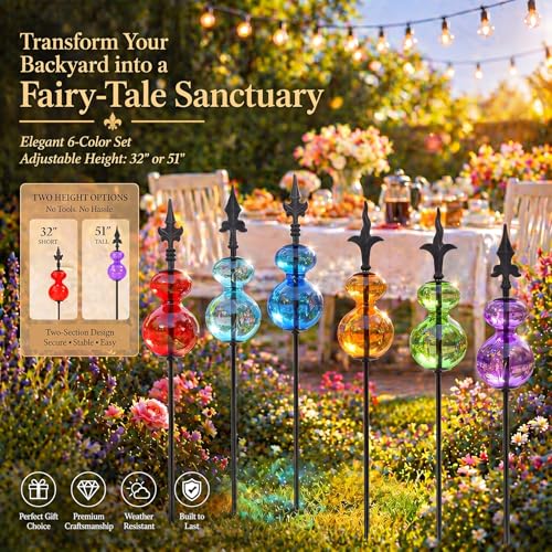 Tandefio 6 Pcs Colorful Blown Glass Garden Stakes Metal Yard Decoration