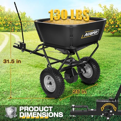 AugFir Tow Behind Broadcast Spreader, 130 LBS Capacity Lawn Fertilizer Spreader for Riding Mower, ATV, UTV & Tractor, 12 FT Spread Width Pull Behind Spreader Seeder for Grass Seed, Salt, Ice Melt