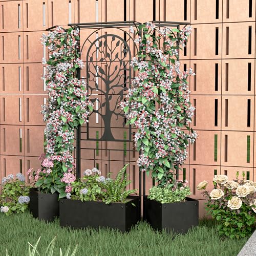 Metal Planter Box with Trellis, Outdoor Raised Garden Bed, Black - color: Black