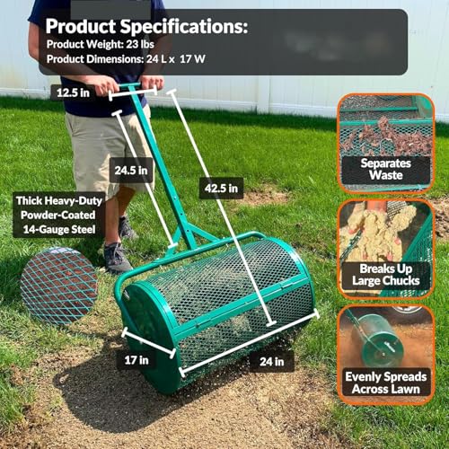 24 Inch Lawn Compost Spreader Roller with 2.66 Cu.Ft Steel Mesh Drum