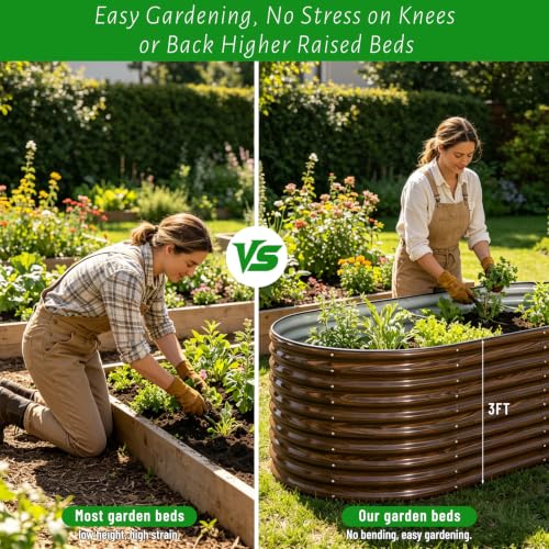 SnugNiture Brown Raised Garden Bed, 3-Piece Set Includes 1 Rectangular & 2 Oval Galvanized Garden Beds, 36" Tall Bottomless Planter Boxes for Vegetables, Herbs, Flowers and Outdoor Gardening