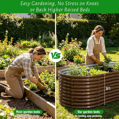 SnugNiture Brown Raised Garden Bed, 3-Piece Set Includes 1 Rectangular & 2 Oval Galvanized Garden Beds, 36" Tall Bottomless Planter Boxes for Vegetables, Herbs, Flowers and Outdoor Gardening