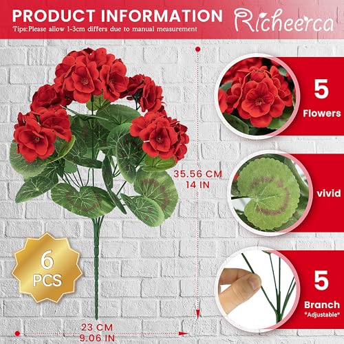 14" Artificial Red Geranium 6-Pack Silk Flowers for Outdoors
