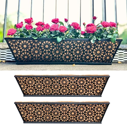 LaLaGreen Window Boxes Planters for Outdoor Plants (24 Inch, 2 Pack) Large Fence Hanging Planter Metal Deck Railing Flower Box with Coco Liner, Trendy Horse Troughs Balcony Pots Patio Porch Over Rail - size: 24" (61cm) x 2 pack