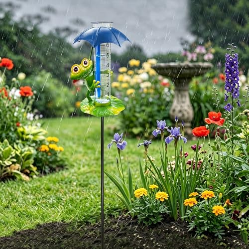 Rain Gauge Outdoor, 0-7 Inch Decorative Frog Rain Gauge with Garden Stake