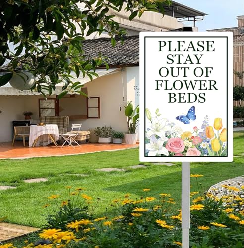 Please Stay Out Of Flower Beds Sign With Stakes Do Not Walk in Flower Bed Rustproof Reflective Aluminum Keep Off Pollinator Habitat Garden Yard Signs Outdoor 8x12 inches - color: F2