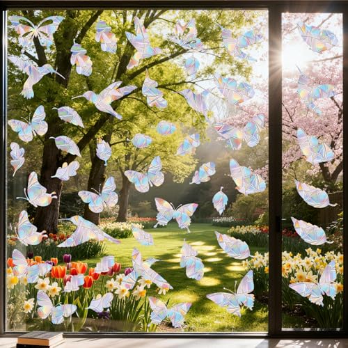 60 Pcs Window Decals to Prevent Bird Strikes - Anti-Collision Window Stickers for Birds, Rainbow Vinyl Suncatcher Stickers, Reusable Static Clings for Bird Window Deterrent, No Glue Needed - style: B-bird