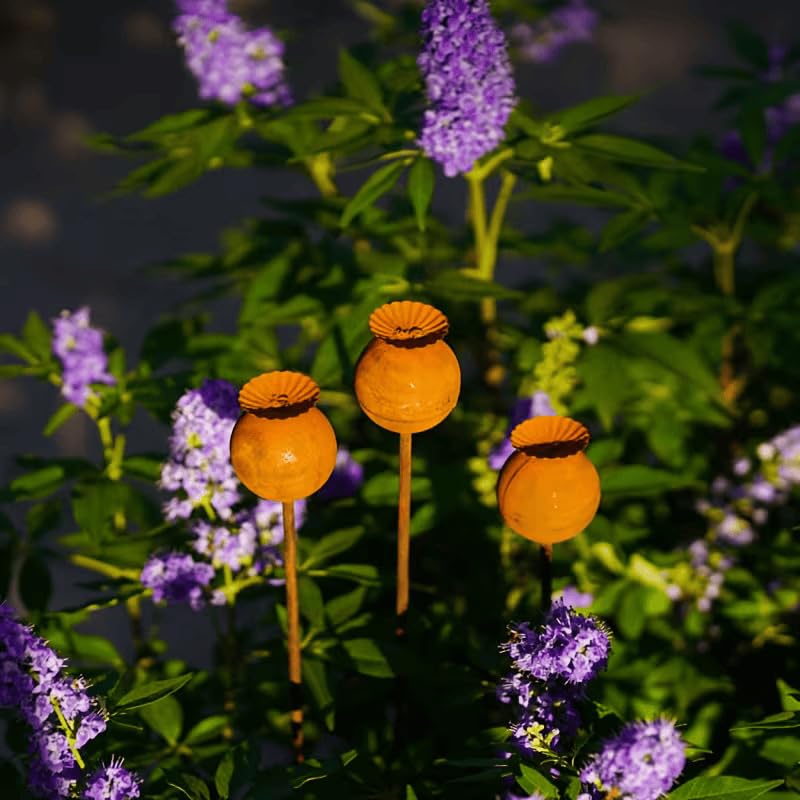 Set of 3 Rustic Metal Coneflower Garden Stakes,Rusty - color: Coffee