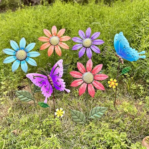 6Pack Metal Flowers for Outside，16.15" Decorative Garden Stakes - color: Colorful-6pack