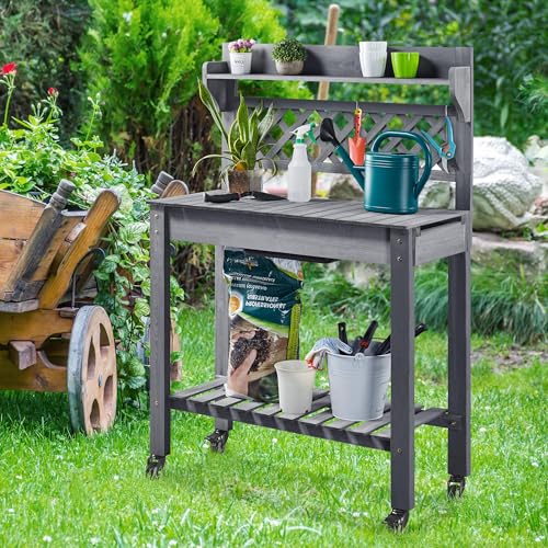 Yaheetech Outdoor Potting Bench with Sink, Garden Table, Lower Shelf,Gray