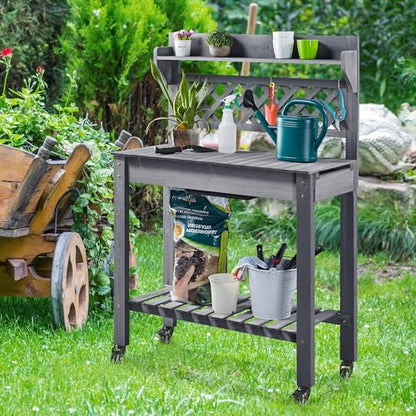 Yaheetech Outdoor Potting Bench with Sink, Garden Table, Lower Shelf,Gray