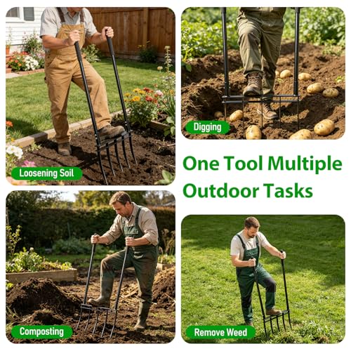 Broadfork, 12" Long 5-Tine Broadfork Gardening Tool for Gardening Cultivation Composting Transplanting Digging Farm Crushing Soil Aeration Garden Fork for Loosening Soil
