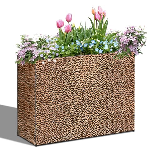 Tall Planters for Outdoor Plants - Hand-Hammered Metal Large Rectangular Block Planter Box with Drainage Holes, Modern Planters Indoor Outdoor Flower Plant Pots Patio Yard Front Porch Deck,32x12x24" - color: Bronze