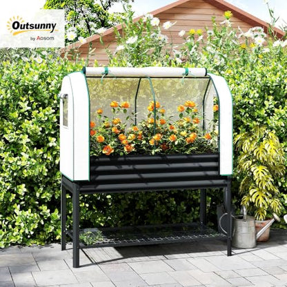 Outsunny Galvanised Raised Garden Bed with Greenhouse Cover, Black - color: Black
