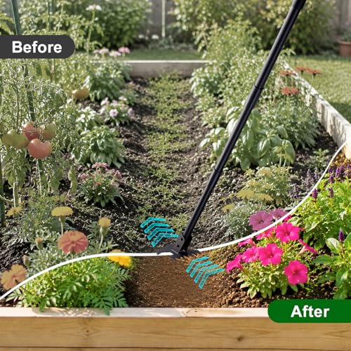 Scuffle Hoe for Weeding - 48" Adjustable Long Handle Action Hoe, Heavy Duty 2-in-1 Push Pull Garden Hoe with Sharp Serrated Blade for Flower Beds, Lawn, Yard and Sidewalks