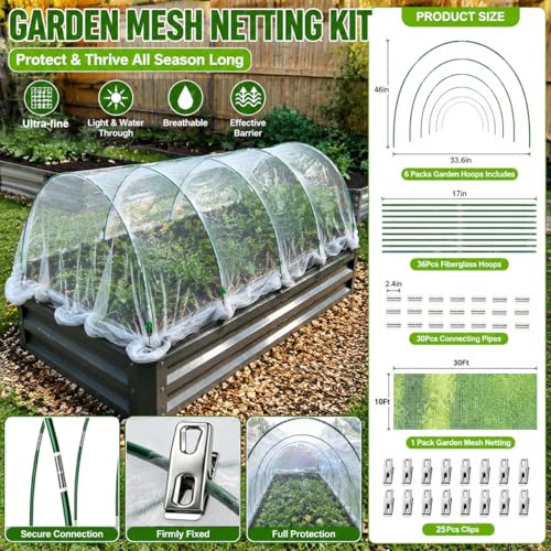 Garden Netting Kit for Raised Beds,6set Garden Hoops,10x33ft Insect Netting