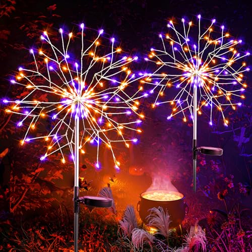 suddus Solar Halloween Lights Outdoor Solar Powered, Upgrade 2-Pack Orange & Purple Solar Firework Lights, Waterproof Garden Light for Yard Pathway Patio Flowerbed Halloween Decorations - color: Orange & Purple plus, size: 2 Pack