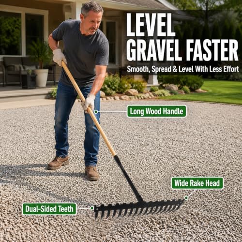 Garden Rake, 60" Wooden Handle with 17-Tine Metal Bow Rake, Secure Fit