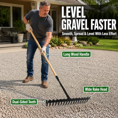 Garden Rake, 60" Wooden Handle with 17-Tine Metal Bow Rake, Secure Fit