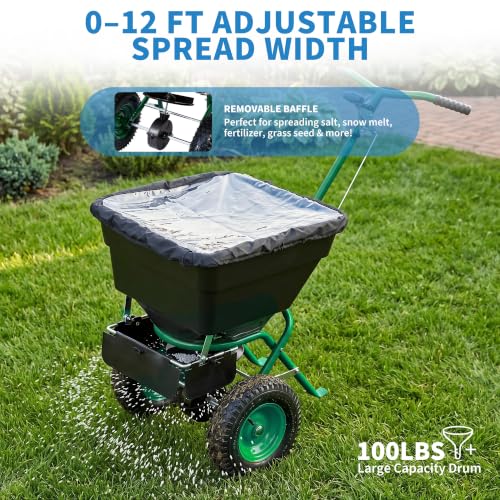 Push Broadcast Spreader, 100lb Large Capacity, 12ft Broadcast Width - color: Green+100LBS