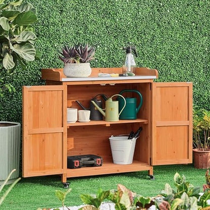Yaheetech Rolling Potting Bench Outdoor Storage Cabinet, Metal Top, Brown - color: Brown