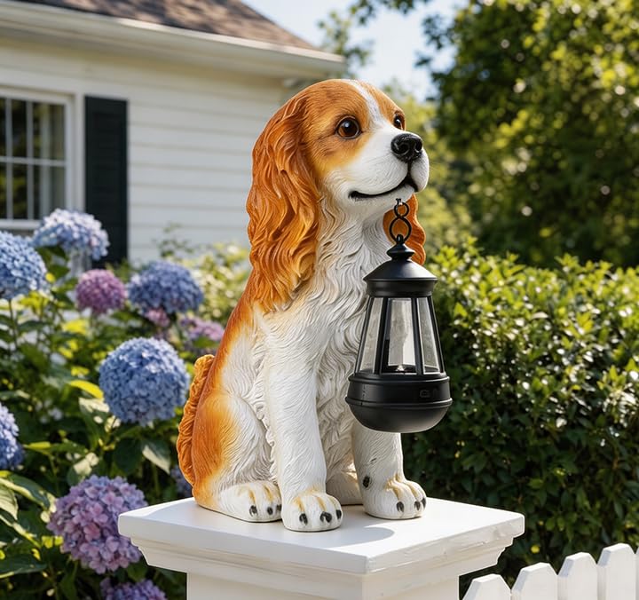 Dog Garden Statues, Cocker Spaniel Statue Holding Lantern Yard Decorations - style: American Cocker Spaniel