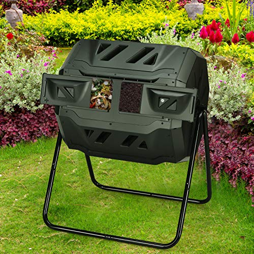 Goplus 43 Gallon Composting Tumbler, Dual Chamber High Volume Compost with 2 Sliding Doors